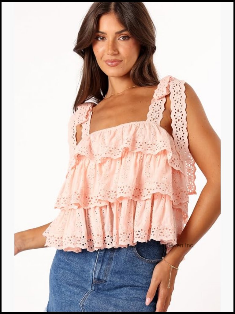 Cropped Lace Tank Top - Square Neck Ruffle